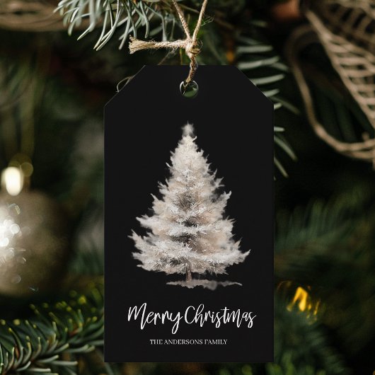 Zwarte Aquarel Kerstboom Cadeau Cadeaulabel