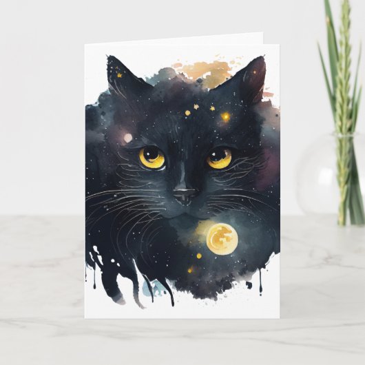 Zwarte Aquarel Kosmische Kat met Gele Ogen Kaart (Voorkant)