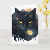 Zwarte Aquarel Kosmische Kat met Gele Ogen Kaart (Gele Bloem)