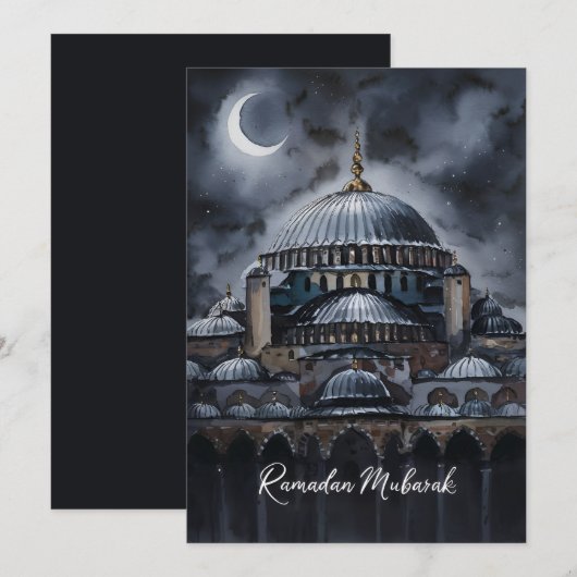 Zwarte Aquarel Ramadan Mubarak Moskee maanlucht Feestdagenkaart (Voorkant / Achterkant)