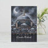 Zwarte Aquarel Ramadan Mubarak Moskee maanlucht Feestdagenkaart (Staand voorkant)