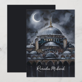 Zwarte Aquarel Ramadan Mubarak Moskee maanlucht Feestdagenkaart