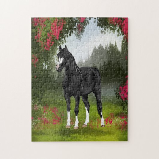 Zwarte Arabische paard in de lenteweide Legpuzzel (Verticaal)