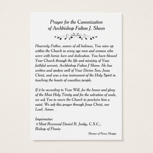 ZWARTE ARCHBISHOP FULTON SHEEN PRAYER CARDS VISITEKAARTJE (Achterkant)