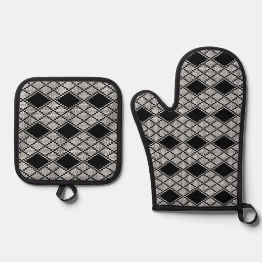 ZWARTE ARGYLE BREI Ovenwant & Pannenlap Set (Voorkant)