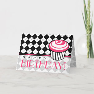 Zwarte Argyle Verjaardag Kaart met Roze Cupcake