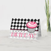 Zwarte Argyle Verjaardag Kaart met Roze Cupcake (Voorkant)