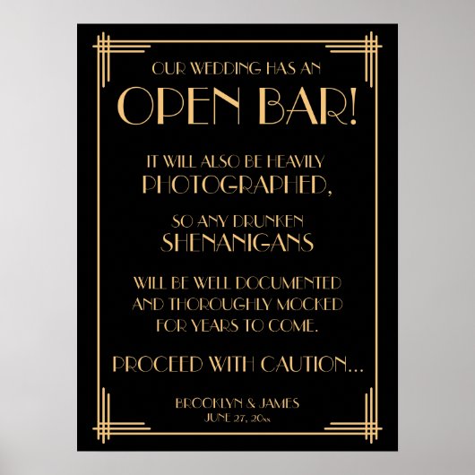 Zwarte Art Deco Gouden Gatsby Open Bar Bord 45x60  Poster (Voorkant)
