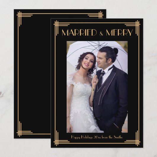 Zwarte Art Deco Huwelijks- en Kerstkaart (Voorkant / Achterkant)