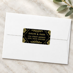 Zwarte Art Deco Huwelijks Retouradres met Gouden A Etiket