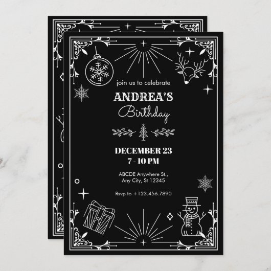 Zwarte art deco kerstbal kaart (Voorkant / Achterkant)