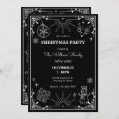 Zwarte art deco kerstfeest ornament uitnodiging (Voorkant / Achterkant)