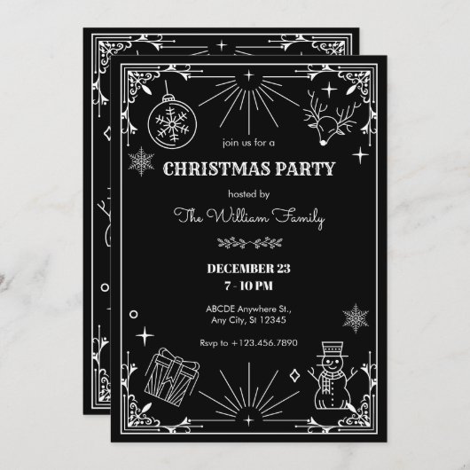 Zwarte art deco kerstfeest ornament uitnodiging (Voorkant / Achterkant)