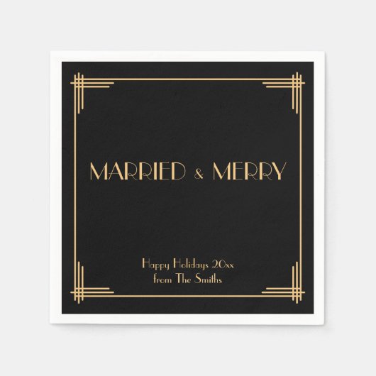 Zwarte Art Deco Married And Merry Christmas servet (Voorkant)