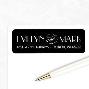 Zwarte Art Deco Monogram Huwelijksadres Vintage Etiket