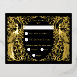 Zwarte Art Deco Peacocks Gold Folie RSVP-kaart Feestdagen Briefkaart<br><div class="desc">Echte gouden folie aan de voorzijde in goud-,  zilver- of rozen goud met pauw art deco-ontwerp op een aangepaste kleurachtergrond,  opgezet als een briefkaart om terug te keren naar de afzender</div>