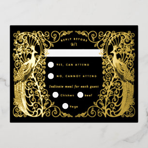 Zwarte Art Deco Peacocks Gold Folie RSVP-kaart Feestdagen Briefkaart
