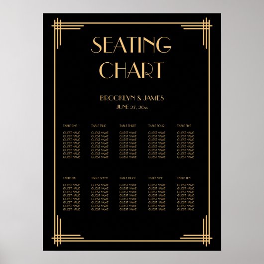 Zwarte Art Deco Trouwstoelindeling Poster 18x24 (Voorkant)
