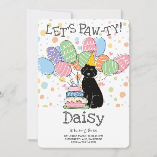 Zwarte Aussiedoodle verjaardagsfeest uitnodiging (Voorkant)