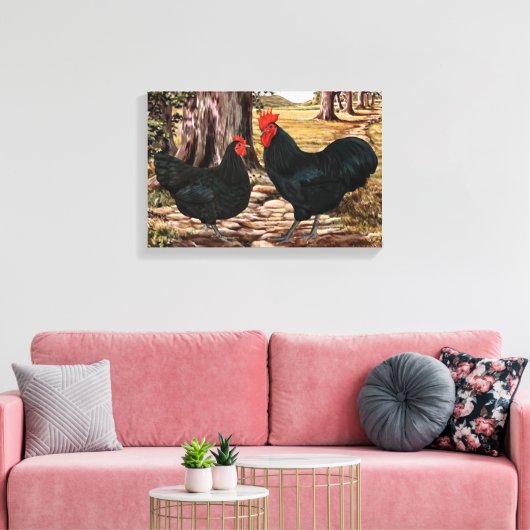 Zwarte Australorp Haan en Heen in bosrijke omgevin Canvas Afdruk (Insitu (Woonkamer))