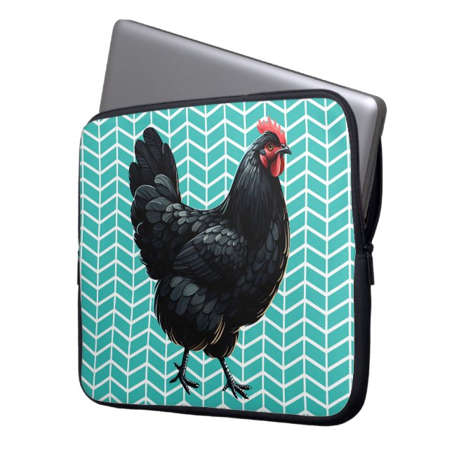 Zwarte Australorp kip op een Chevron achtergrond Laptop Sleeve (Voorkant Links)