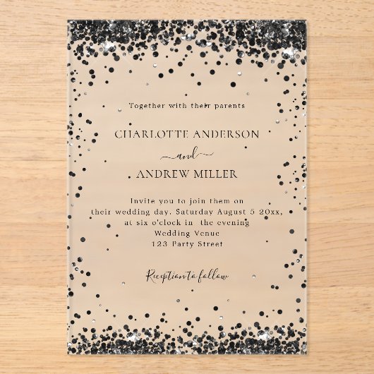 Zwarte avond heldere bruiloft  acryl uitnodigingen (Voorkant)