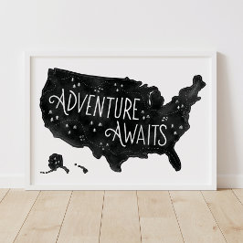 Zwarte Avontuur Wacht US Kaart Kinderkamer Decor Poster