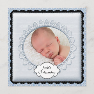 Zwarte baby blauwe jongens foto doop uitnodigingen