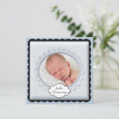 Zwarte Baby Blauwe Jongens Fotodoop Uitnodigingen (Staand voorkant)