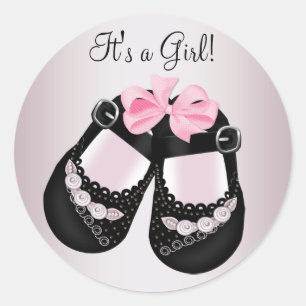 Zwarte babyschoenen roze baby shower stickers