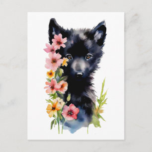 Zwarte babywolfwelp watercolor kunstschilderij briefkaart