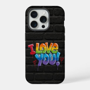 Zwarte bakstenen muur met graffiti “I Love You!” iPhone 15 Pro Case