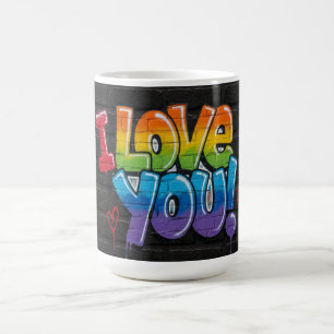 Zwarte bakstenen muur met graffiti “I Love You!” Koffiemok