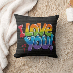 Zwarte bakstenen muur met graffiti “I Love You!” Kussen