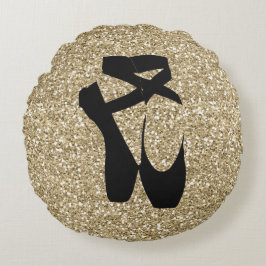 Zwarte baletslippers op Gold Glitter Design Rond Kussen
