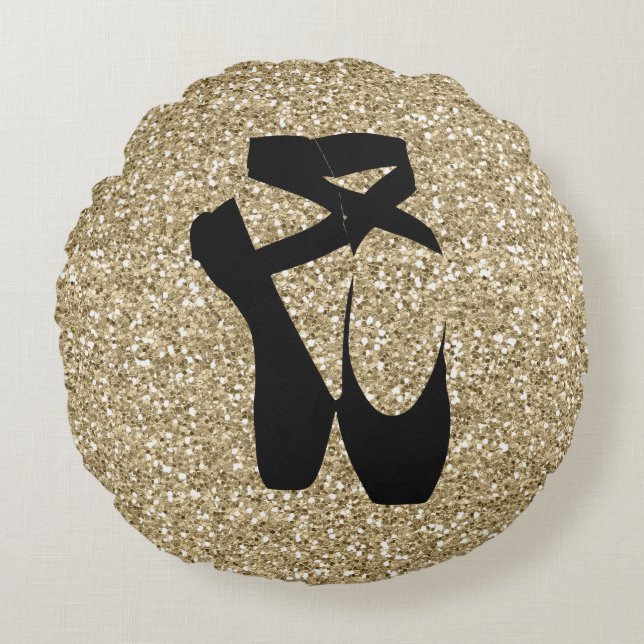 Zwarte baletslippers op Gold Glitter Design Rond Kussen (Voorkant)