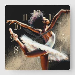 Zwarte ballerina danser pastel tekening vierkante klok