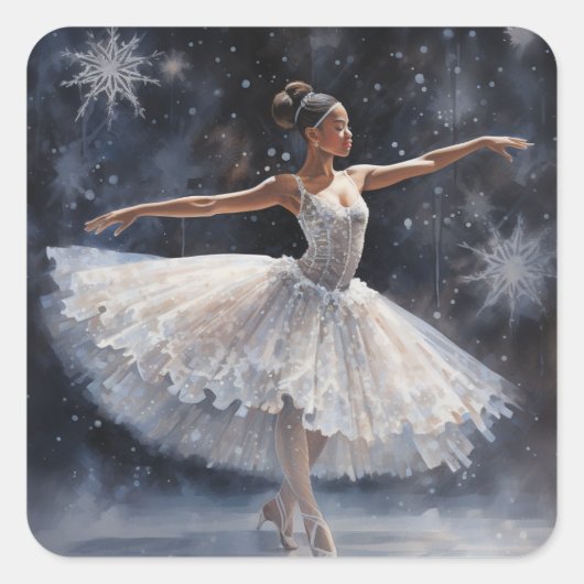 Zwarte Ballerina in witte sneeuwvlok Tutu Vierkante Sticker (Voorkant)