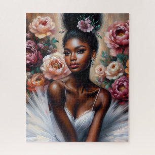 Zwarte ballerina in witte tutu met pioenen kunst legpuzzel