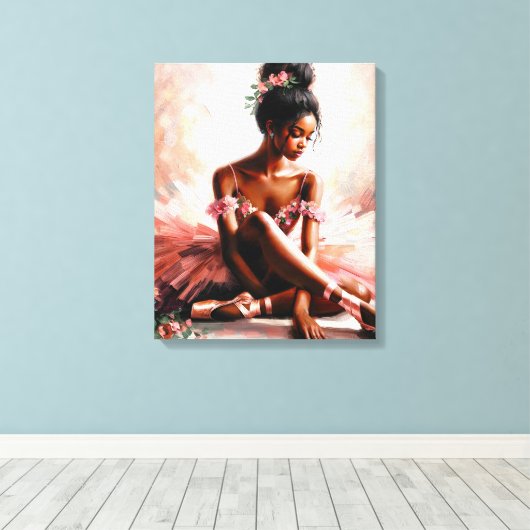 Zwarte balletdanser in roze tutu canvas afdruk (Insitu (Houten vloer))