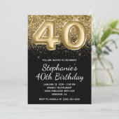 Zwarte ballon met glinsterend goud glitter 40e ver kaart (Staand voorkant)