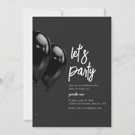 Zwarte ballon verjaardagsfeestje uitnodigen kaart (Voorkant)