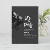 Zwarte ballon verjaardagsfeestje uitnodigen kaart (Staand voorkant)