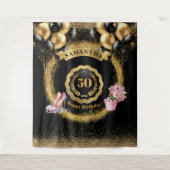 Zwarte Ballonnen Gouden Glitter 50ste Verjaardag T Wandkleed (Voorkant)