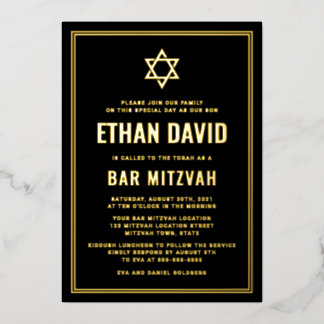 Zwarte bar mitzvah Star van David gold of Silver Folie Uitnodiging