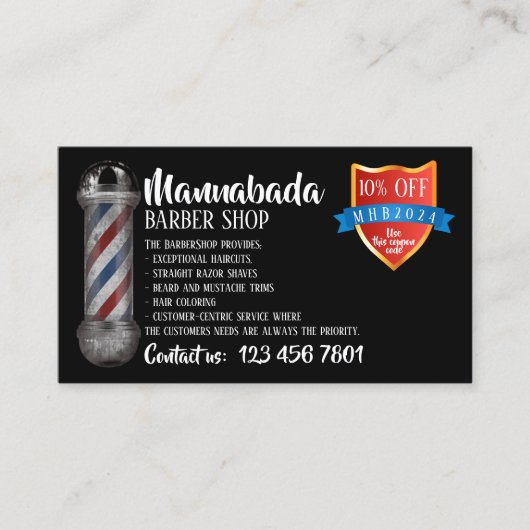 Zwarte barberpaal benodigdheden winkel kortingscod visitekaartje (Voorkant)
