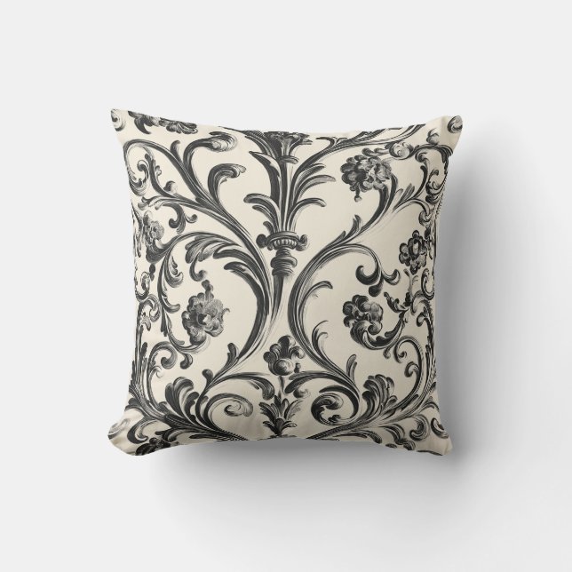 Zwarte Barokke Bloemen op Cream Kussen (Voorkant)