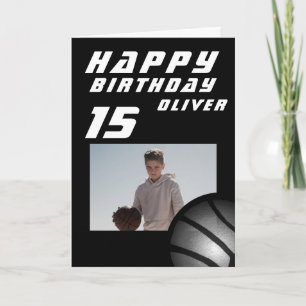 Zwarte Basketbal Bal Jongen Foto Gelukkig Verjaard Kaart