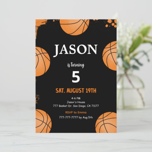 Zwarte Basketbal Uitnodiging (Staand voorkant)