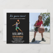 Zwarte Basketball Birthday met foto Kaart (Voorkant)